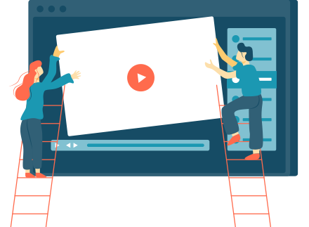 Illustration of people on ladders putting together a giant website.