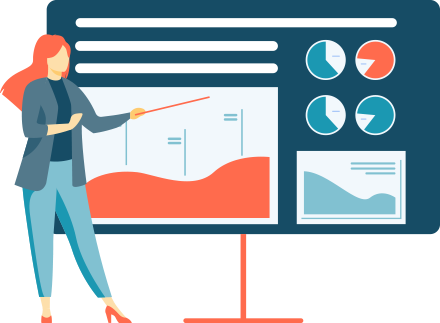 Illustration of a woman pointing at a presentation screen.