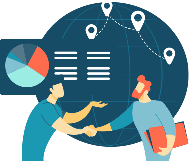 Illustration of two men shaking hands in front of a sphere with map pins on it.
